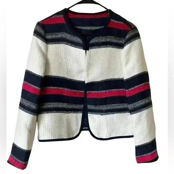 Zara Jackets & Blazers - Zara Basic Blazer Jacket M Women Ivory Blue Red Stripe Poly Wool